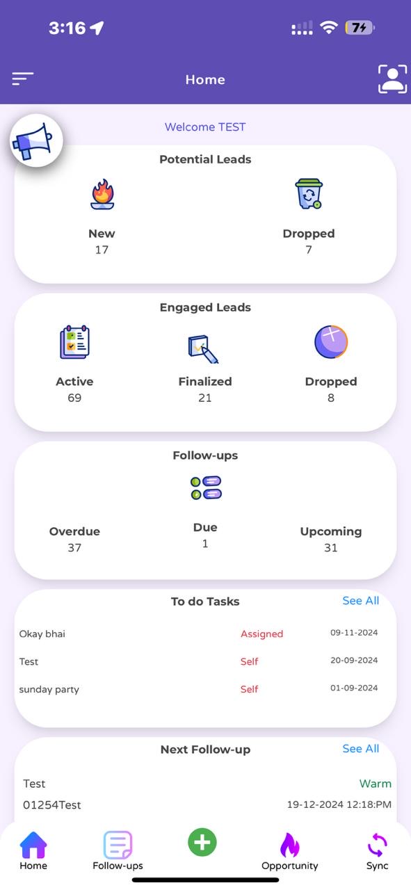 iSolve CRM mobile app home dashboard